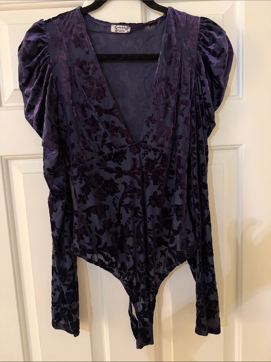 Free People Tops - Free People Purple Velvet Burnout V-Neck Thong Bodysuit